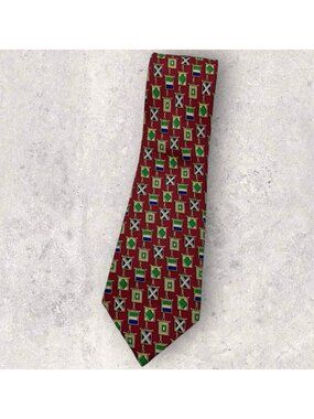 CELINE Silk Tie SPAIN Red Blue Green Chain Flag W:3.7" EUC